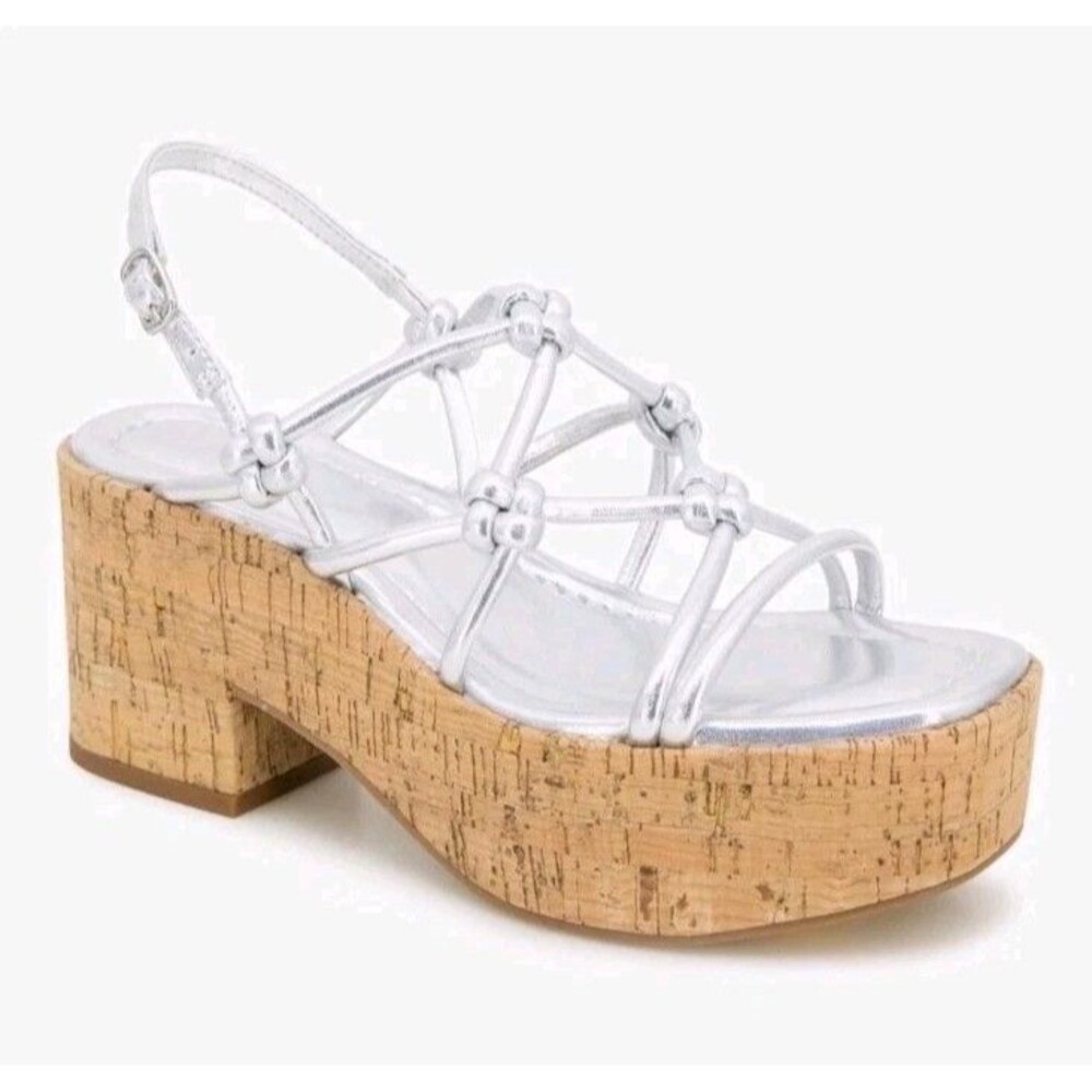 Sz 11 - Kenneth Cole Reaction Essa Knots Silver Metallic Cork Platform Sandals